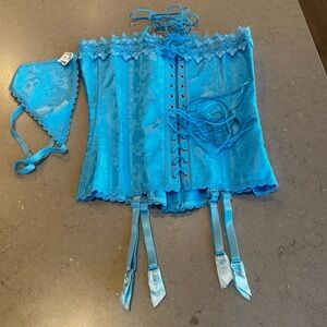 Frederick’s of Hollywood turquoise corset bustier set lace-up garter w/ thong 34